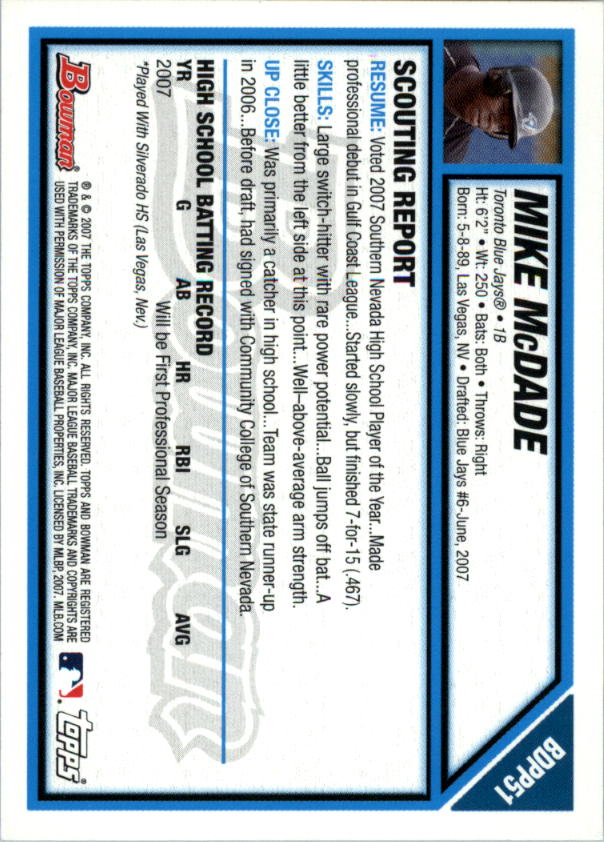 2007 Bowman Draft Draft Picks #BDPP51 Mike McDade back image