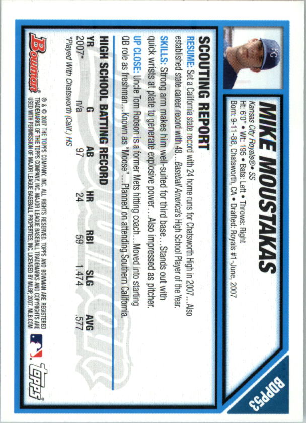 2007 Bowman Draft Draft Picks #BDPP53 Michael Moustakas back image