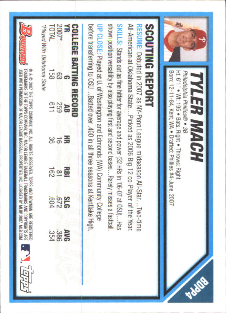2007 Bowman Chrome Draft Draft Picks #BDPP4 Tyler Mach back image