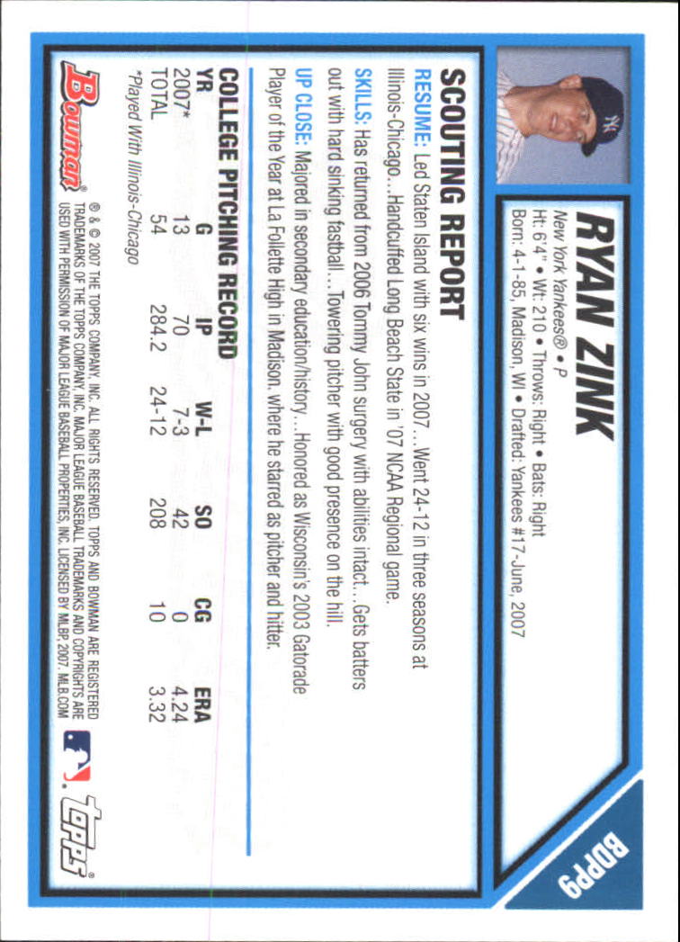 2007 Bowman Chrome Draft Draft Picks #BDPP9 Ryan Zink back image