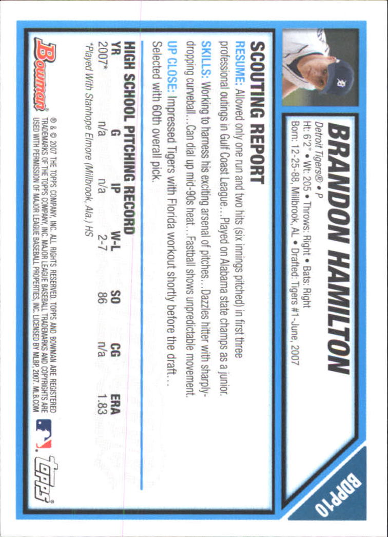 2007 Bowman Chrome Draft Draft Picks #BDPP10 Brandon Hamilton back image