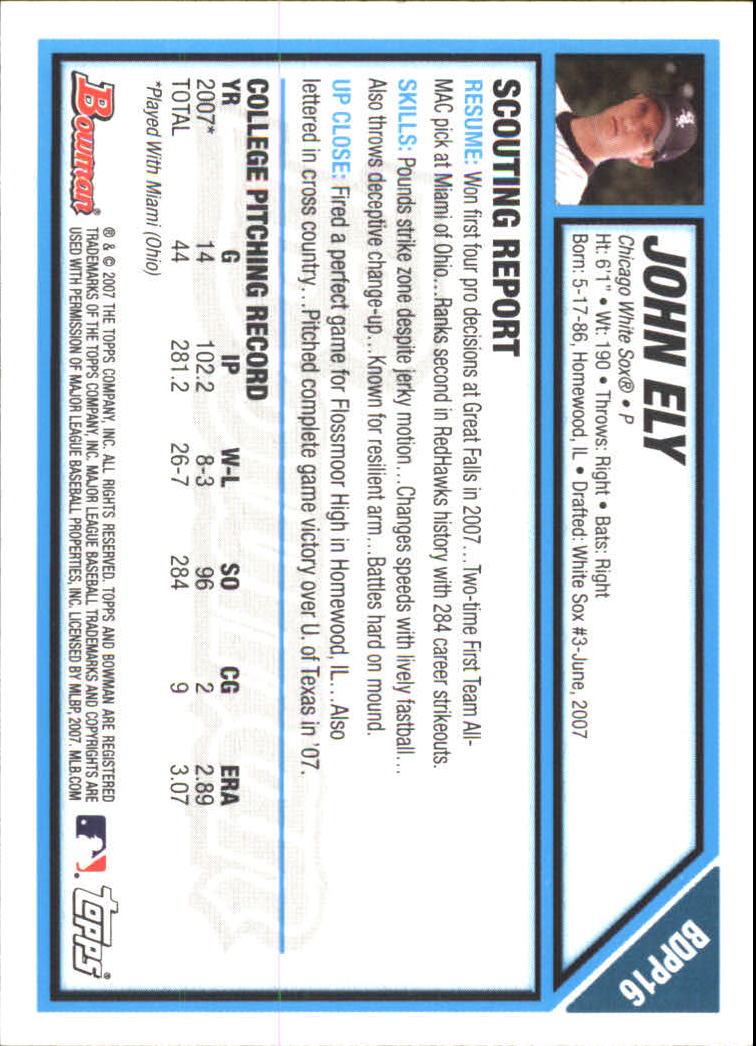 2007 Bowman Chrome Draft Draft Picks #BDPP16 John Ely back image