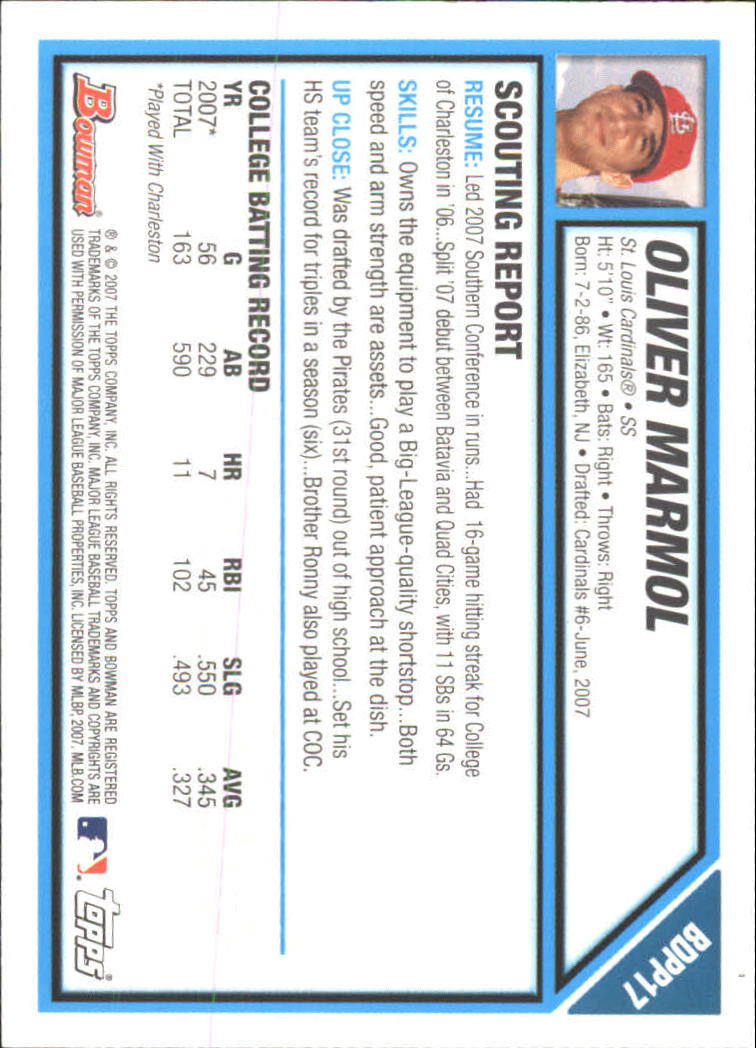2007 Bowman Chrome Draft Draft Picks #BDPP17 Oliver Marmol back image