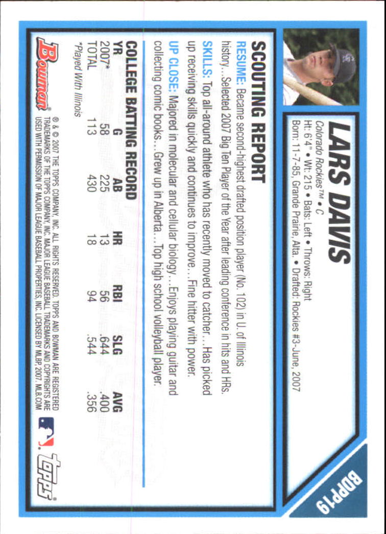 2007 Bowman Chrome Draft Draft Picks #BDPP19 Lars Davis back image