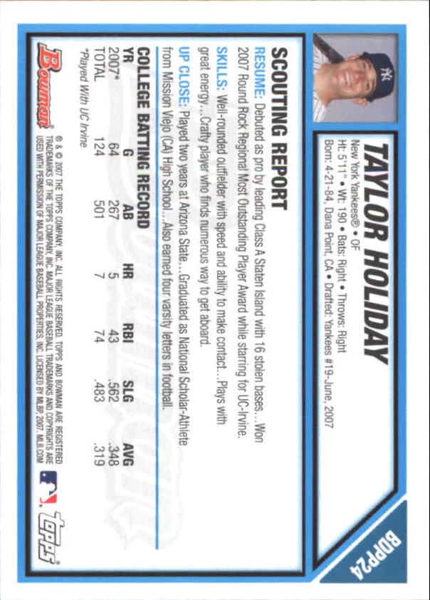 2007 Bowman Chrome Draft Draft Picks #BDPP24 Taylor Holiday back image