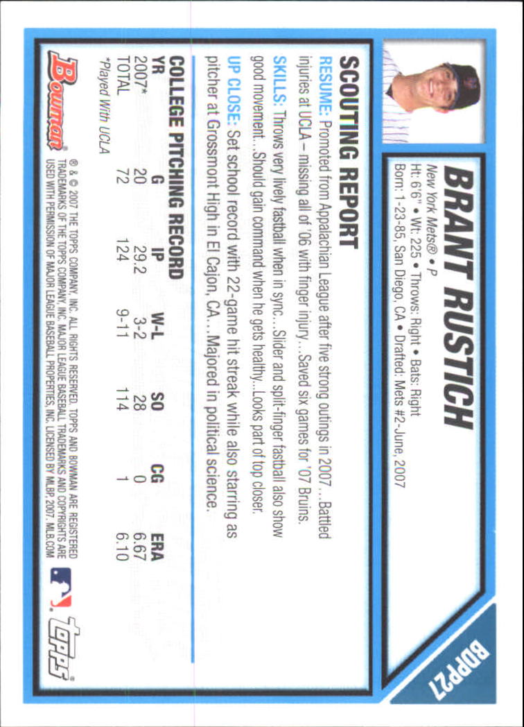 2007 Bowman Chrome Draft Draft Picks #BDPP27 Brant Rustich back image