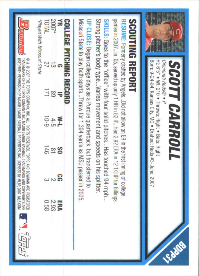 2007 Bowman Chrome Draft Draft Picks #BDPP31 Scott Carroll back image