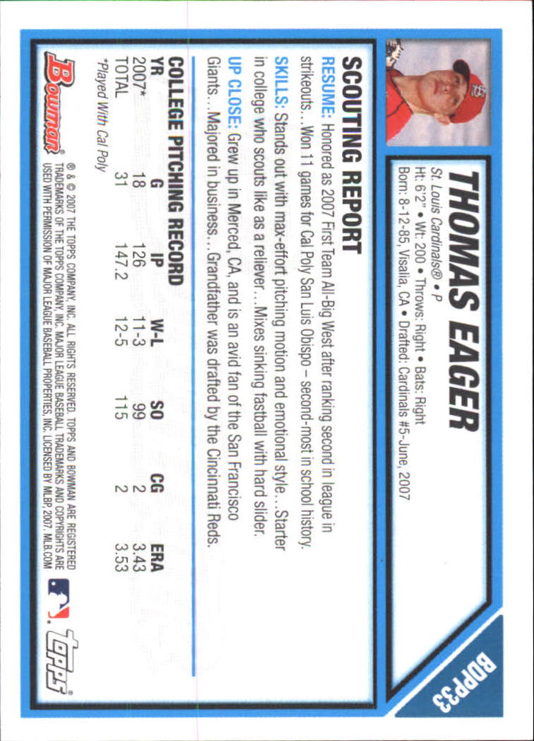 2007 Bowman Chrome Draft Draft Picks #BDPP33 Thomas Eager back image