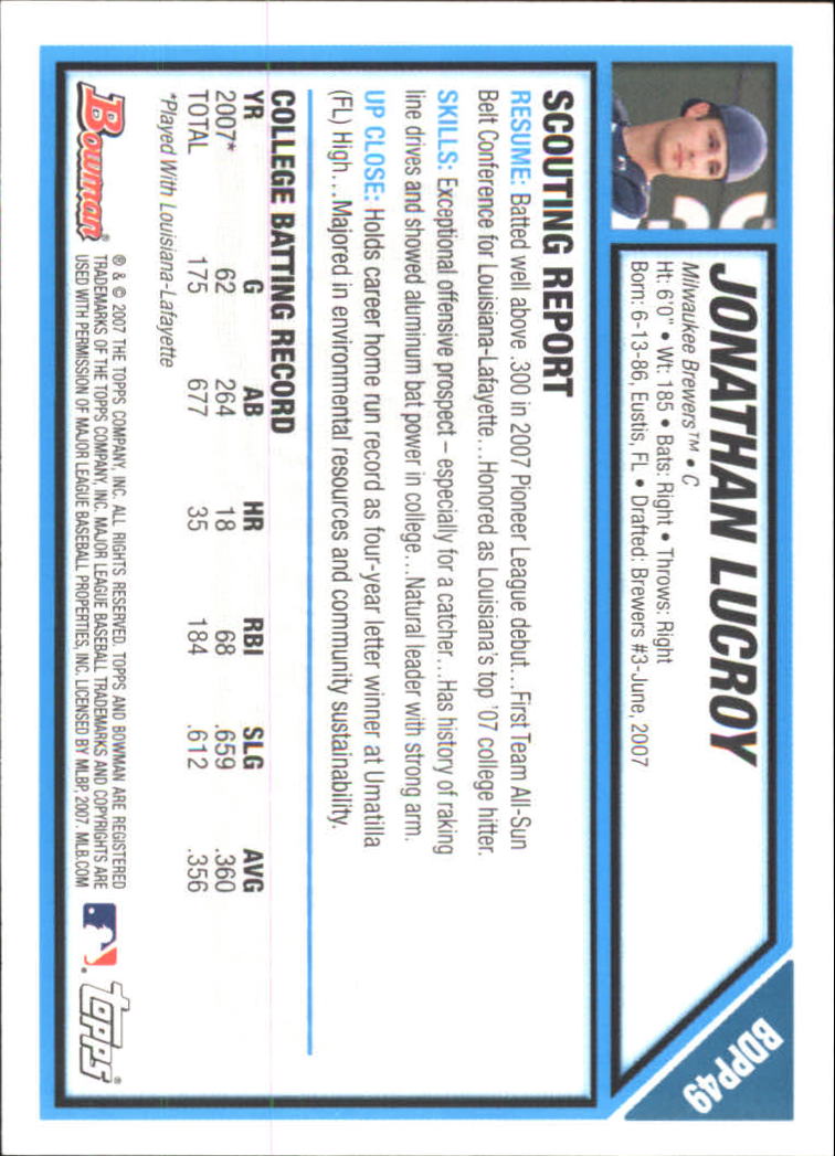 2007 Bowman Chrome Draft Draft Picks #BDPP49 Jonathan Lucroy back image