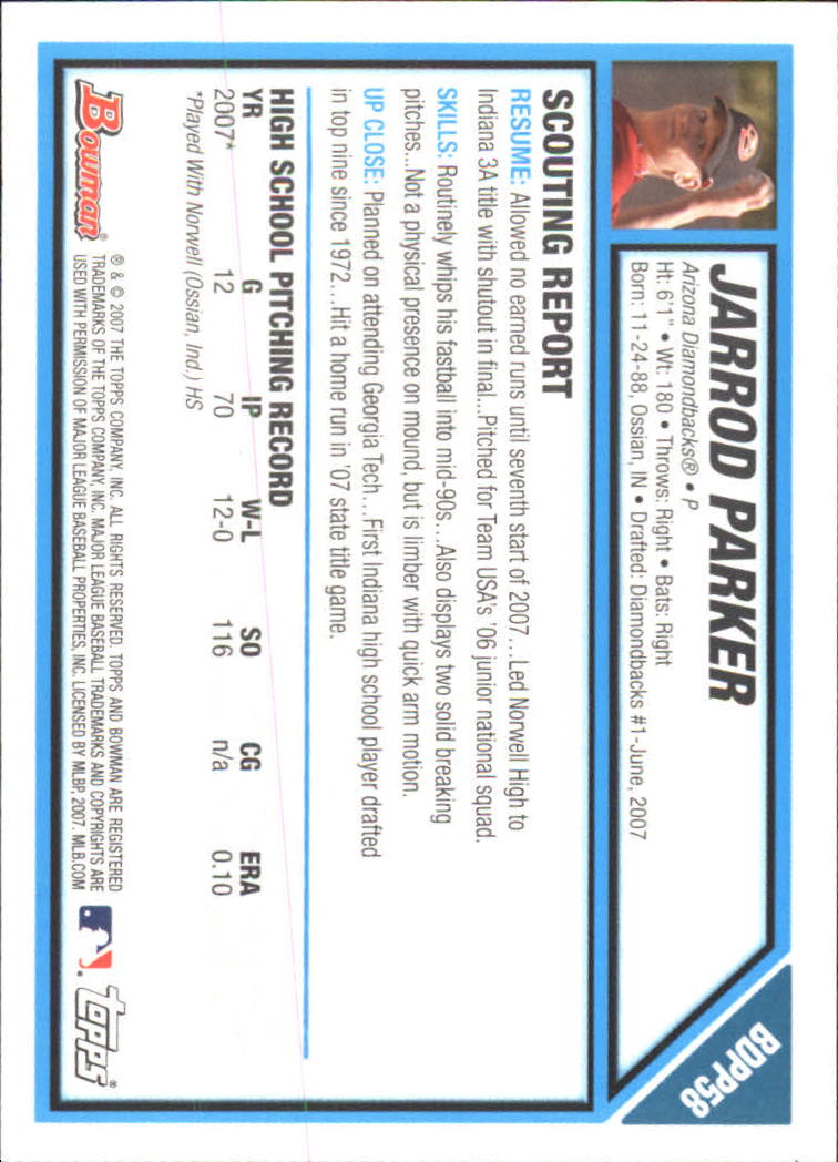 2007 Bowman Chrome Draft Draft Picks #BDPP58 Jarrod Parker back image