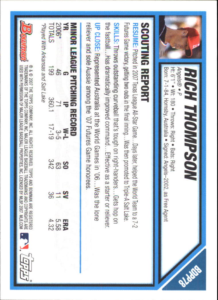 2007 Bowman Draft Future's Game Prospects #BDPP78 Rich Thompson back image