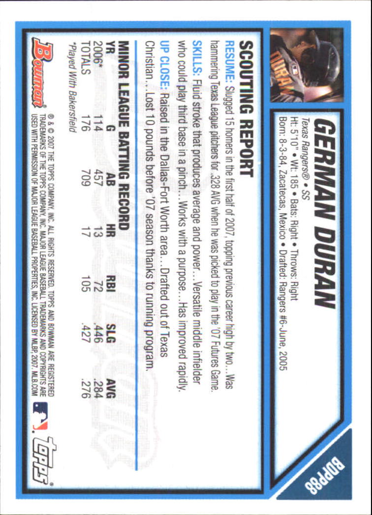 2007 Bowman Draft Future's Game Prospects #BDPP88 German Duran back image