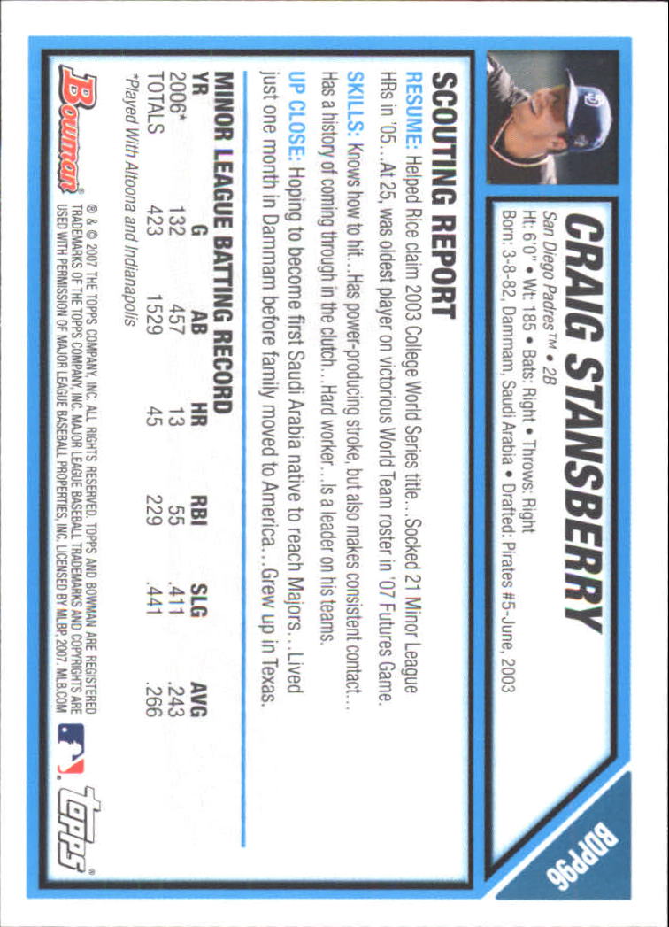 2007 Bowman Draft Future's Game Prospects #BDPP96 Craig Stansberry back image