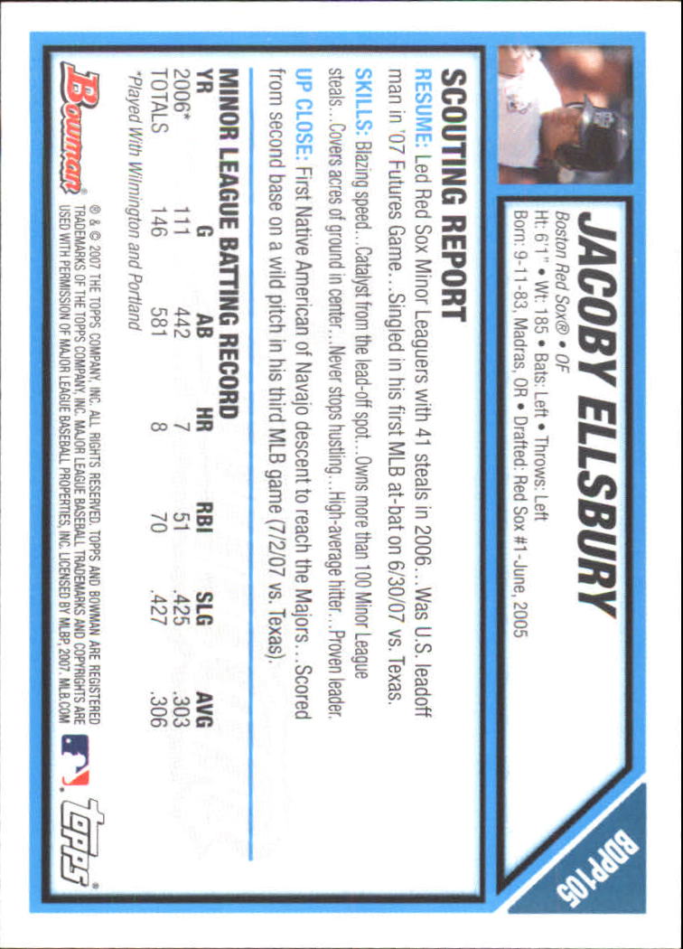 2007 Bowman Draft Future's Game Prospects #BDPP105 Jacoby Ellsbury back image