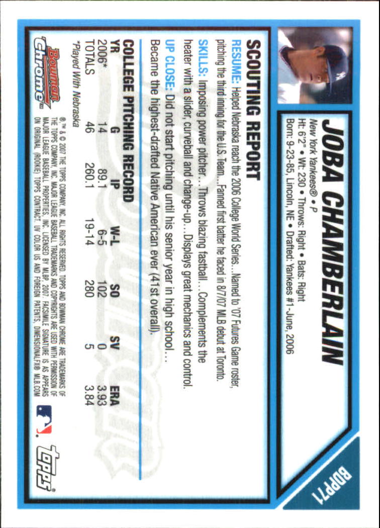 2007 Bowman Chrome Draft Future's Game Prospects #BDPP71 Joba Chamberlain back image