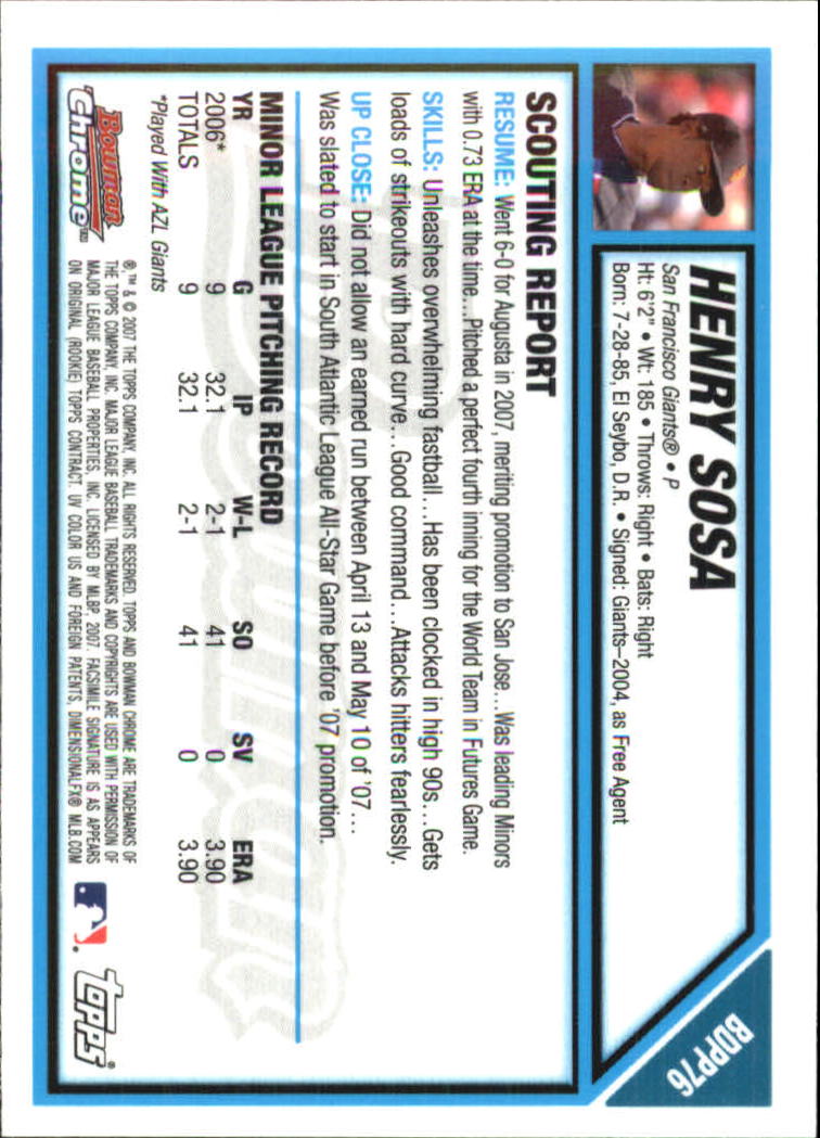 2007 Bowman Chrome Draft Future's Game Prospects #BDPP76 Henry Sosa back image