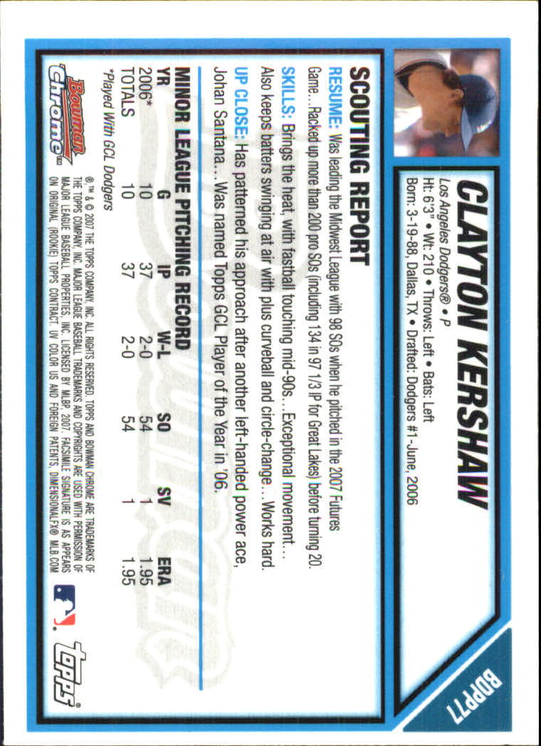 2007 Bowman Chrome Draft Future's Game Prospects #BDPP77 Clayton Kershaw back image