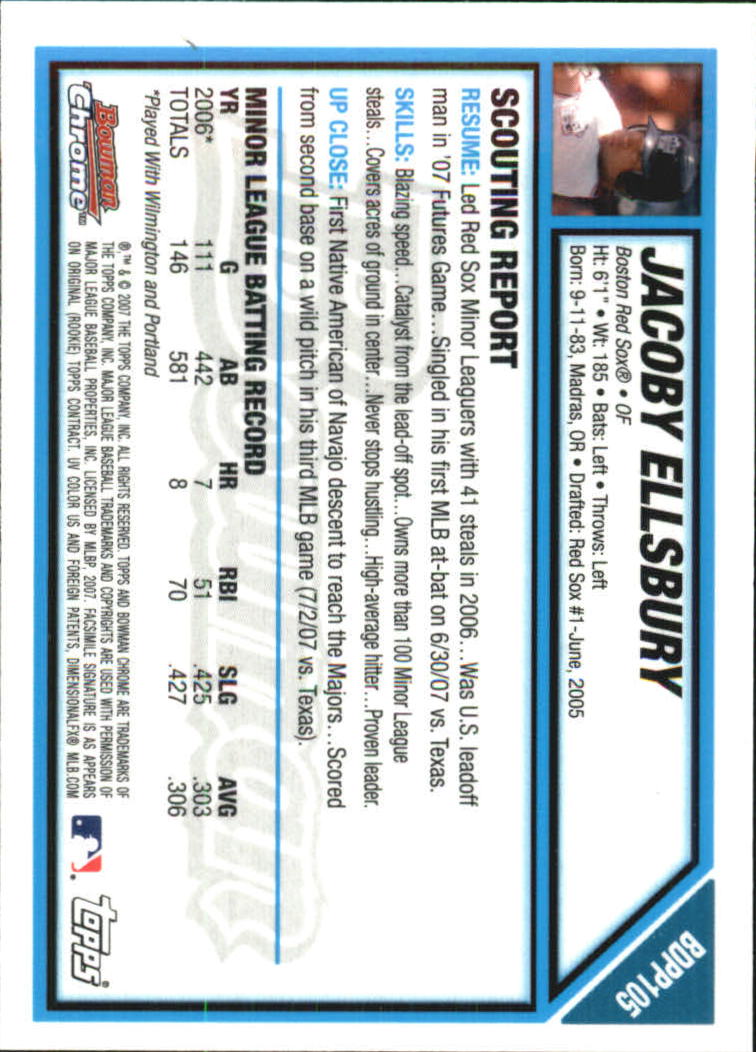 2007 Bowman Chrome Draft Future's Game Prospects #BDPP105 Jacoby Ellsbury back image