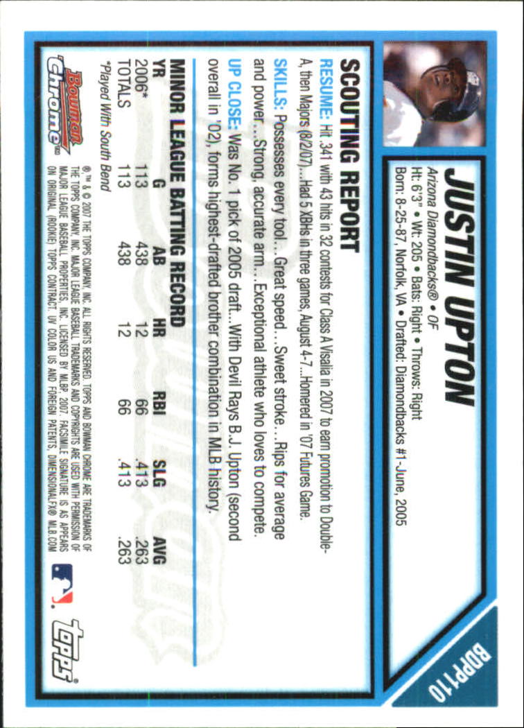 2007 Bowman Chrome Draft Future's Game Prospects #BDPP110 Justin Upton back image