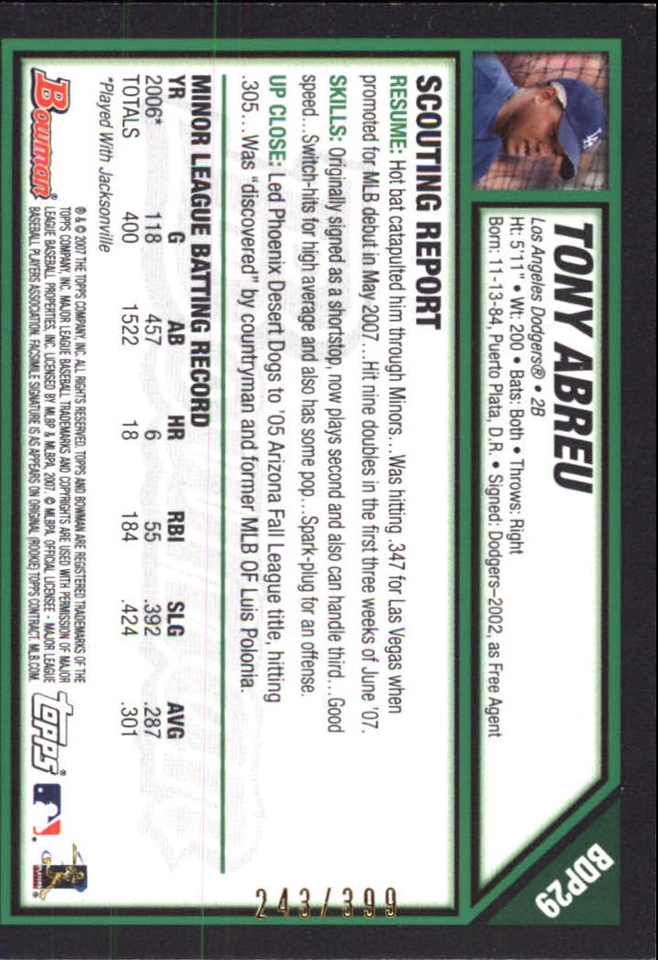 2007 Bowman Draft Blue #BDP29 Tony Abreu back image