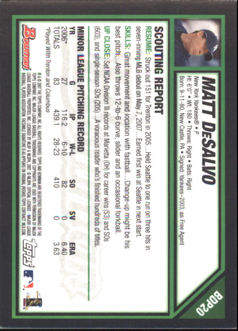2007 Bowman Draft Gold #BDP20 Matt DeSalvo back image