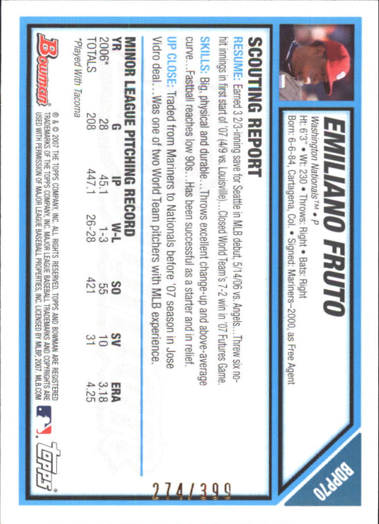 2007 Bowman Draft Future's Game Prospects Blue #BDPP70 Emiliano Fruto back image