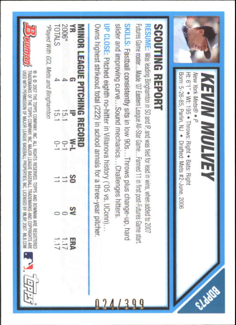 2007 Bowman Draft Future's Game Prospects Blue #BDPP73 Kevin Mulvey back image