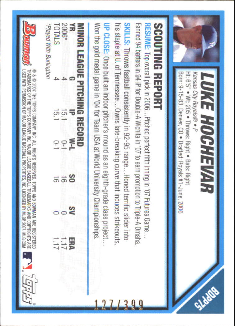 2007 Bowman Draft Future's Game Prospects Blue #BDPP75 Luke Hochevar back image