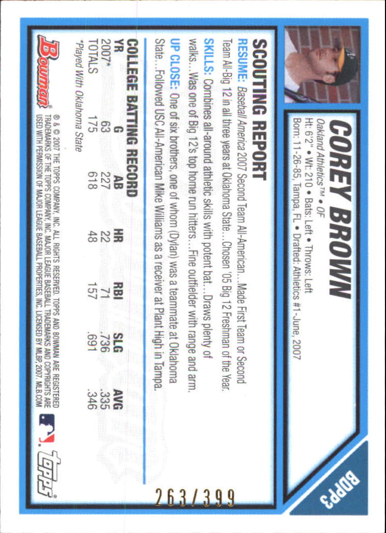 2007 Bowman Draft Draft Picks Blue #BDPP3 Corey Brown back image