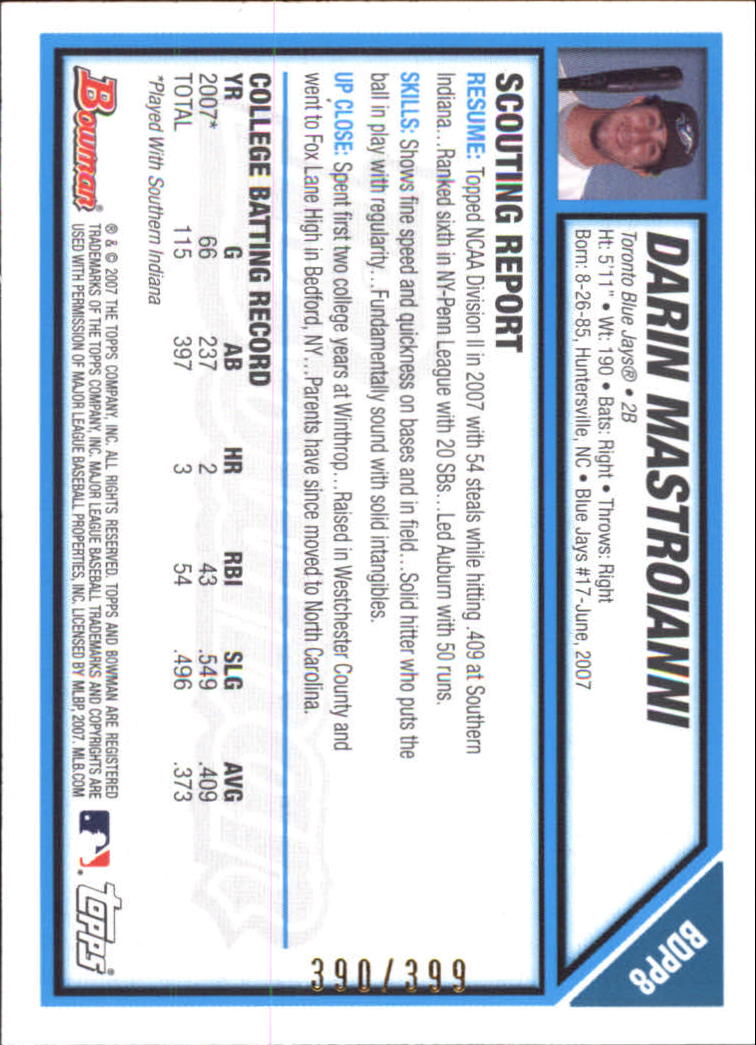2007 Bowman Draft Draft Picks Blue #BDPP8 Darin Mastroianni back image