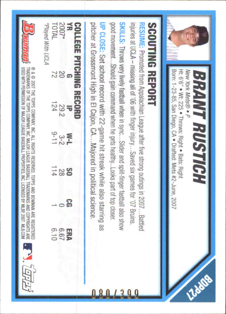 2007 Bowman Draft Draft Picks Blue #BDPP27 Brant Rustich back image