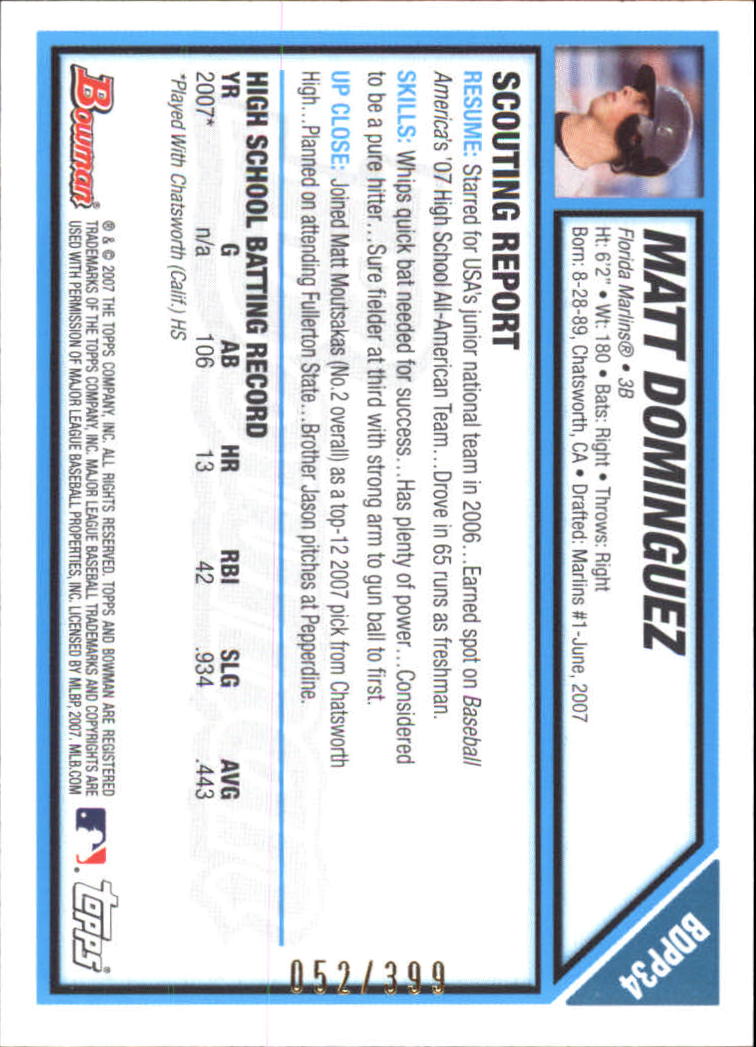 2007 Bowman Draft Draft Picks Blue #BDPP34 Matt Dominguez back image