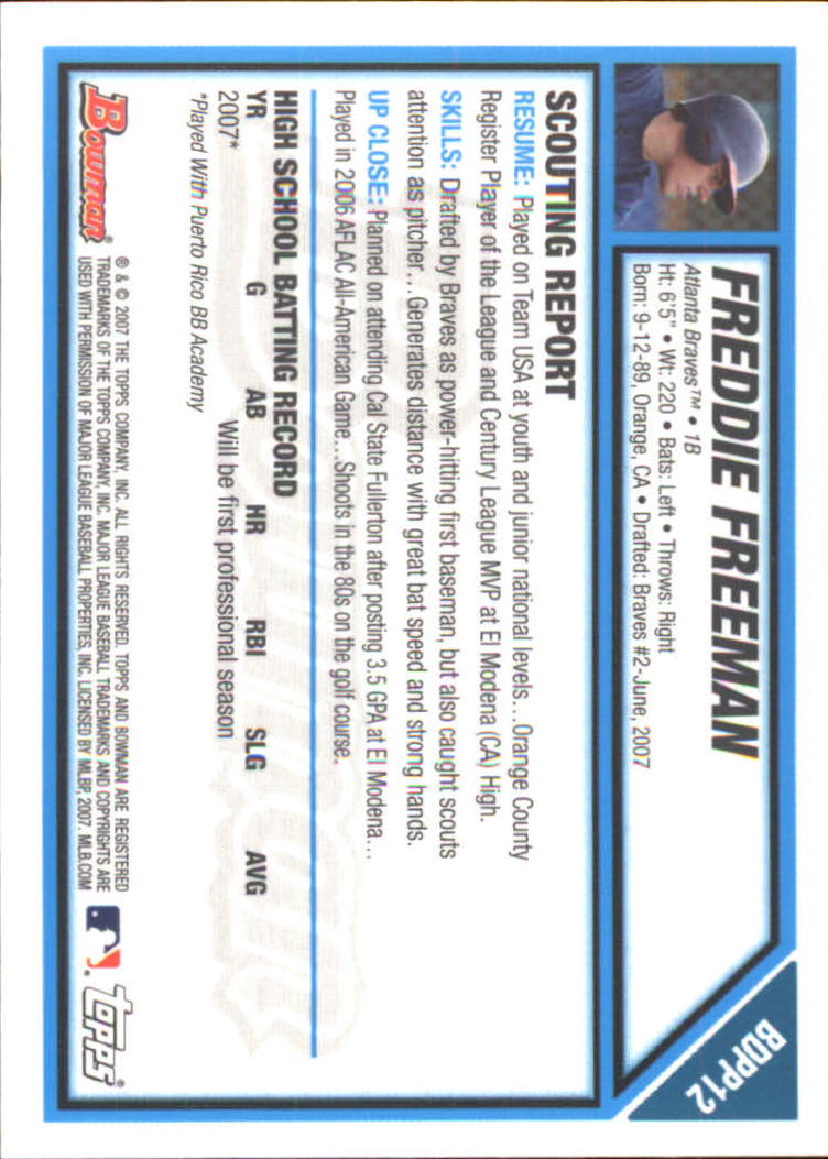2007 Bowman Draft Draft Picks Gold #BDPP12 Freddie Freeman back image