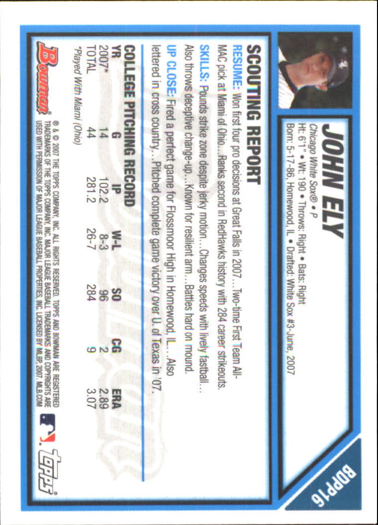 2007 Bowman Draft Draft Picks Gold #BDPP16 John Ely back image