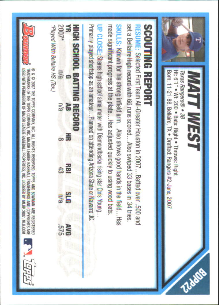 2007 Bowman Draft Draft Picks Gold #BDPP22 Matt West back image