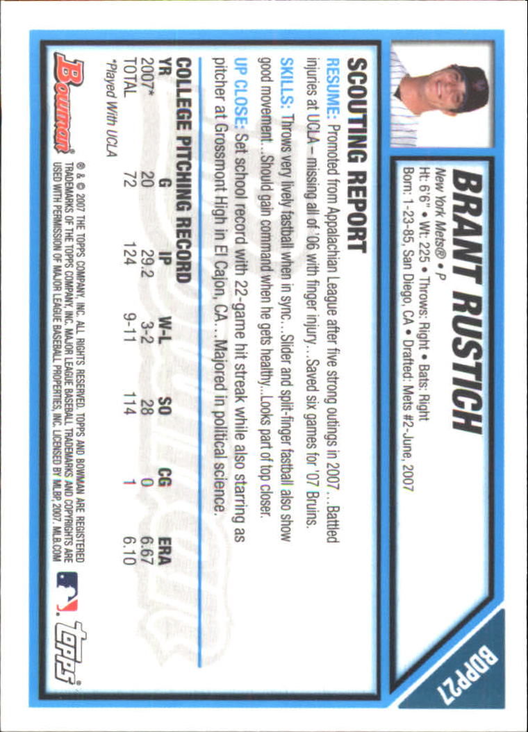 2007 Bowman Draft Draft Picks Gold #BDPP27 Brant Rustich back image