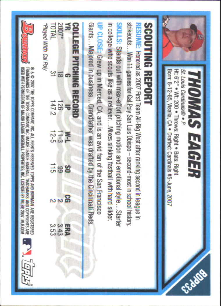 2007 Bowman Draft Draft Picks Gold #BDPP33 Thomas Eager back image