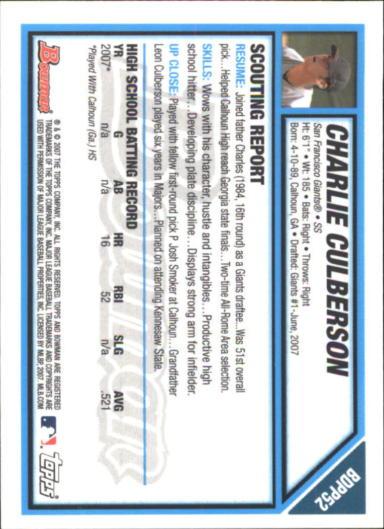 2007 Bowman Draft Draft Picks Gold #BDPP52 Charlie Culberson back image