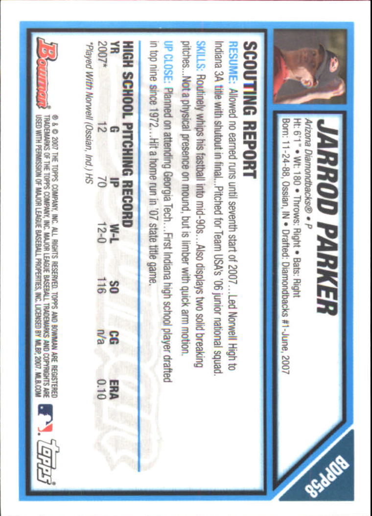 2007 Bowman Draft Draft Picks Gold #BDPP58 Jarrod Parker back image