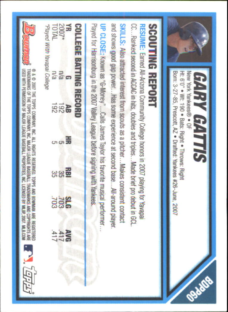 2007 Bowman Draft Draft Picks Gold #BDPP60 Gary Gattis back image