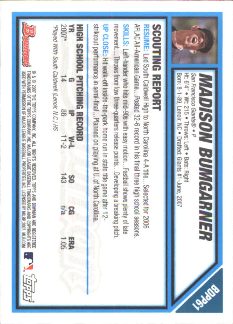 2007 Bowman Draft Draft Picks Gold #BDPP61 Madison Bumgarner back image