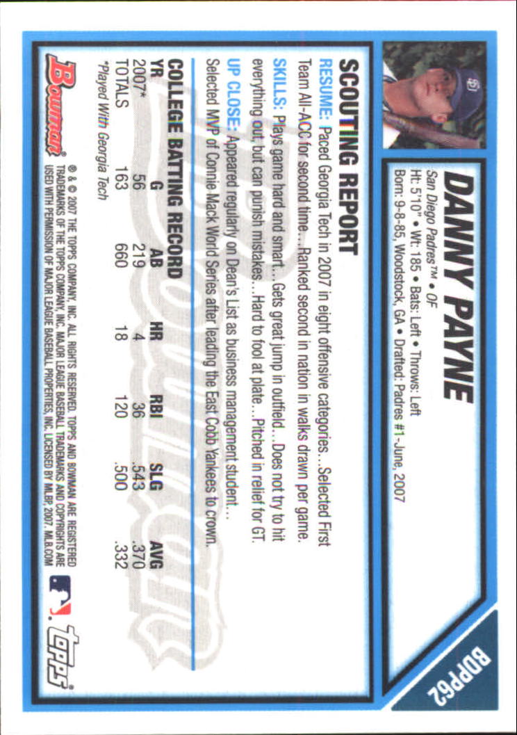 2007 Bowman Draft Draft Picks Gold #BDPP62 Danny Payne back image