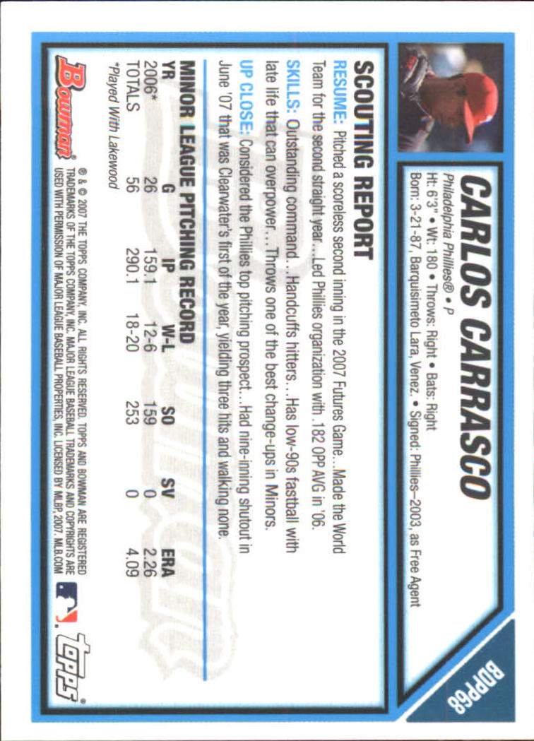 2007 Bowman Draft Future's Game Prospects Gold #BDPP68 Carlos Carrasco back image