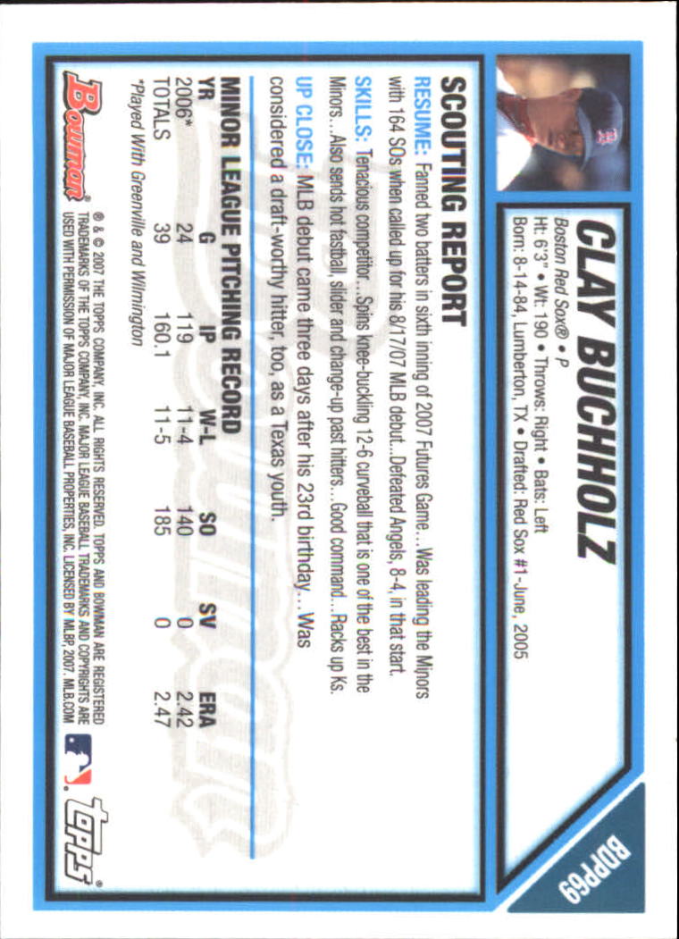 2007 Bowman Draft Future's Game Prospects Gold #BDPP69 Clay Buchholz back image