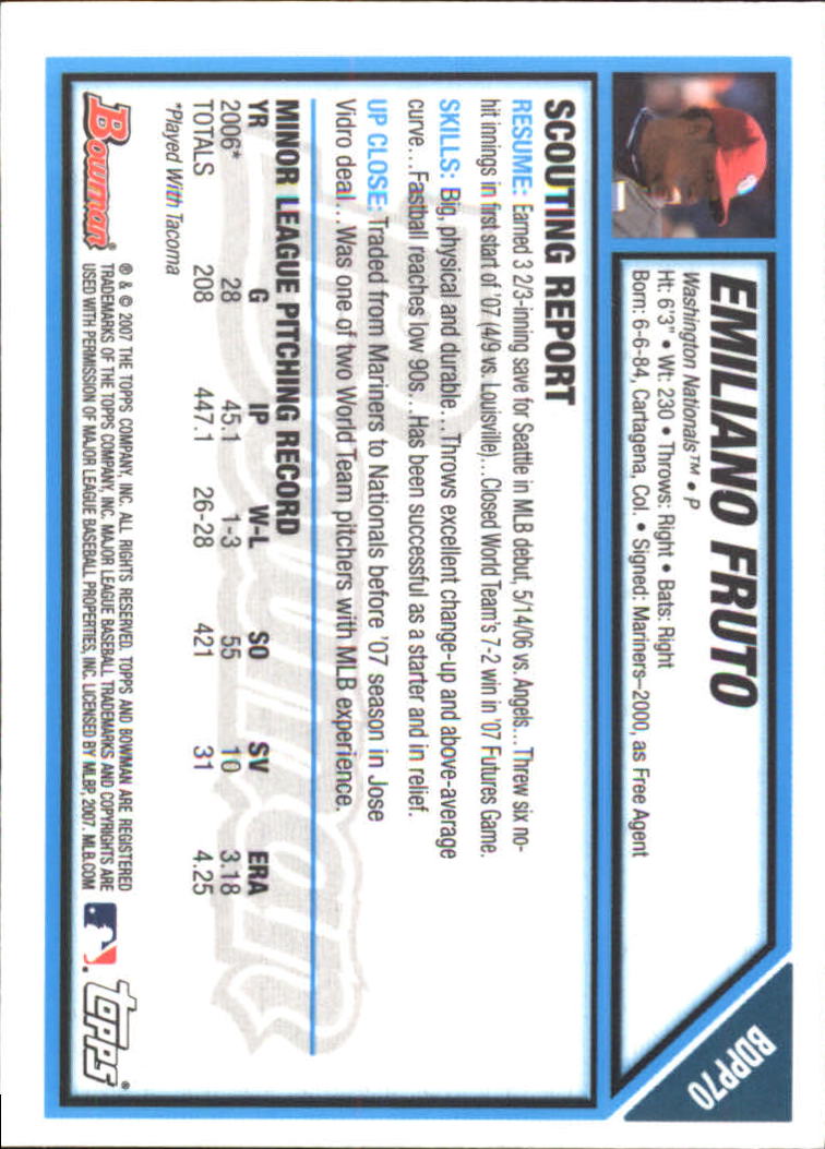2007 Bowman Draft Future's Game Prospects Gold #BDPP70 Emiliano Fruto back image