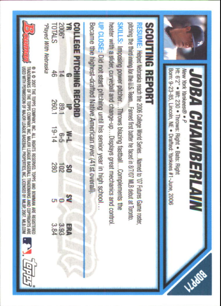 2007 Bowman Draft Future's Game Prospects Gold #BDPP71 Joba Chamberlain back image