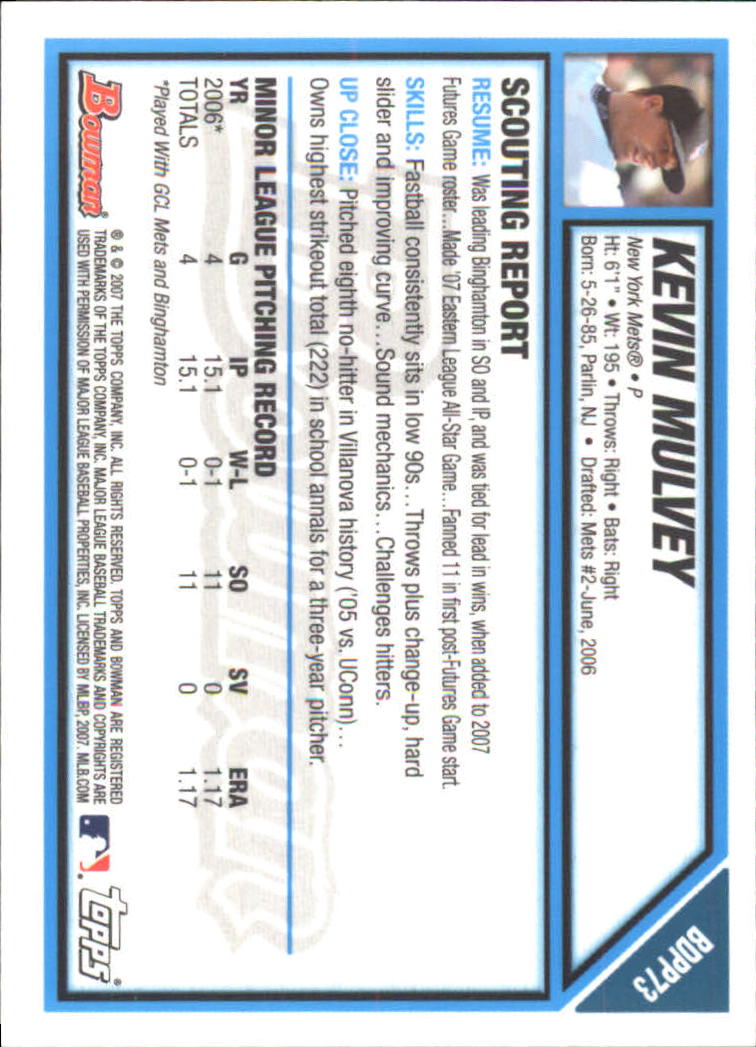 2007 Bowman Draft Future's Game Prospects Gold #BDPP73 Kevin Mulvey back image