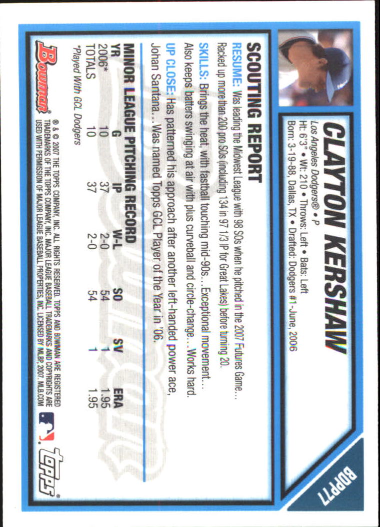 2007 Bowman Draft Future's Game Prospects Gold #BDPP77 Clayton Kershaw back image