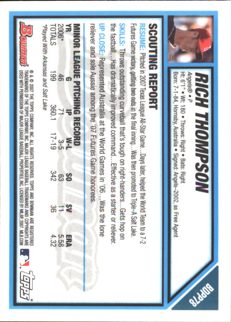 2007 Bowman Draft Future's Game Prospects Gold #BDPP78 Rich Thompson back image