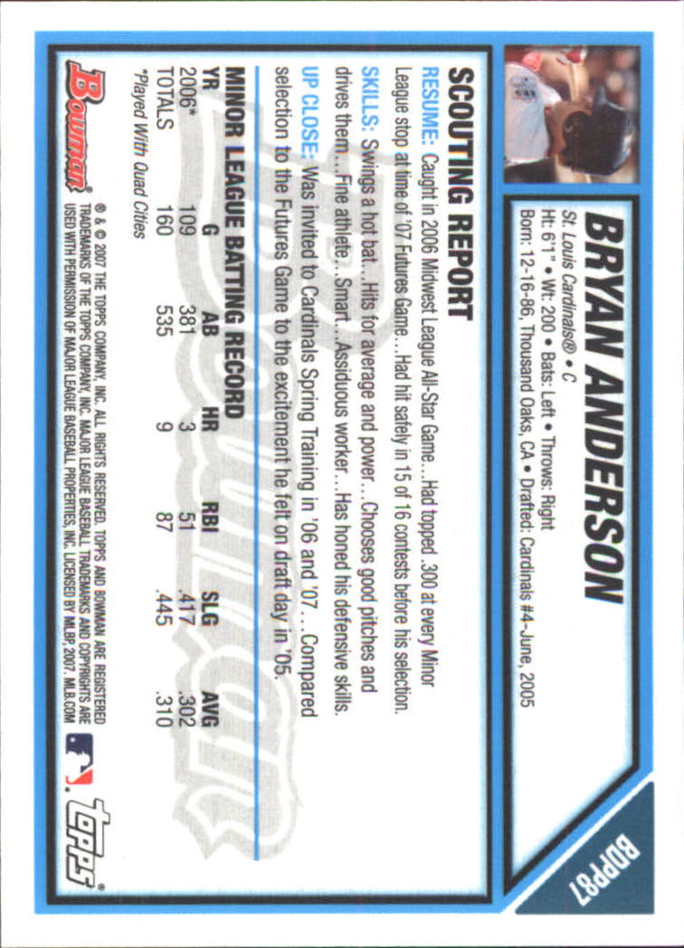 2007 Bowman Draft Future's Game Prospects Gold #BDPP87 Bryan Anderson back image